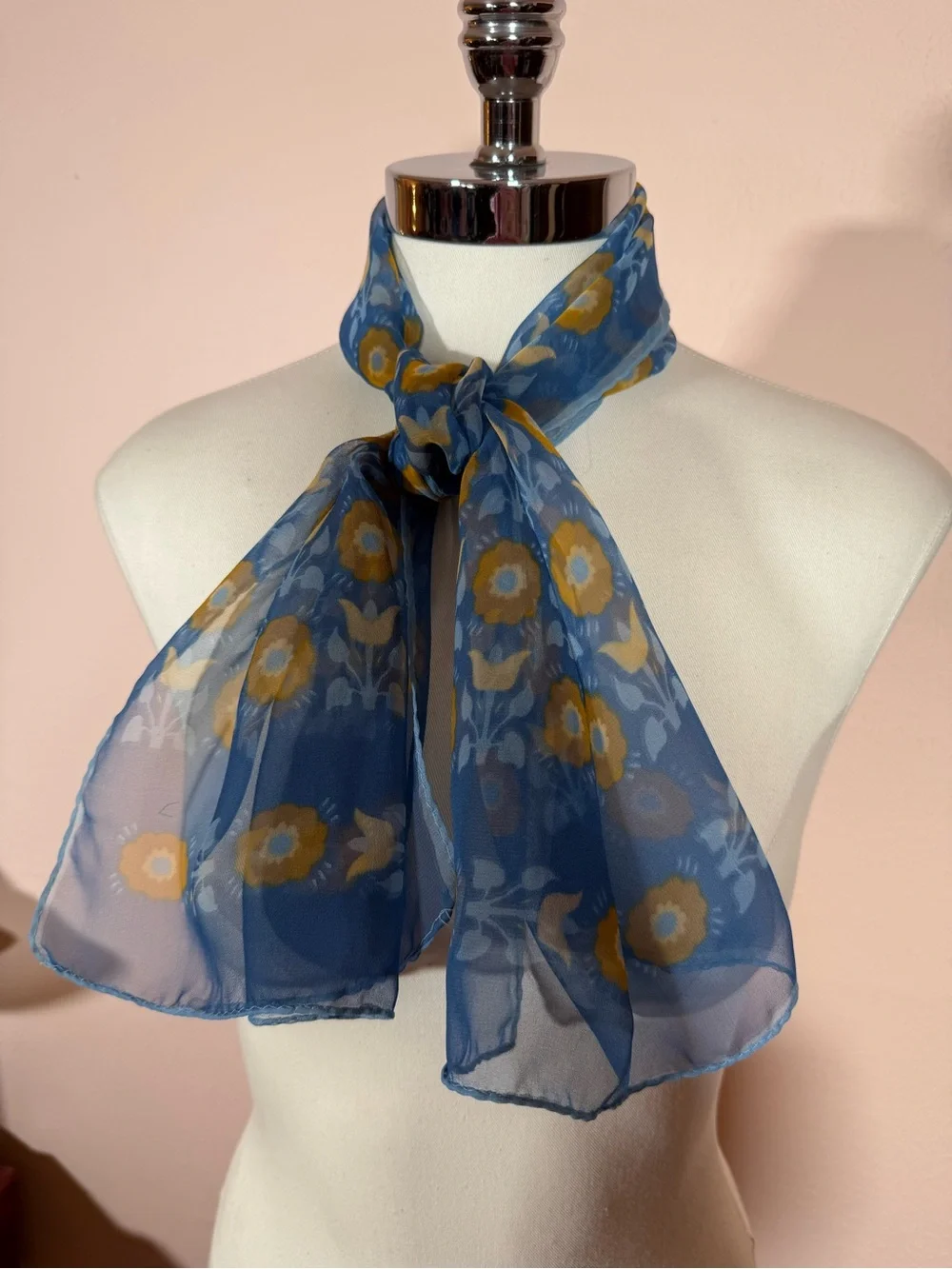 Vintage Cottagecore floral semi sheer blue tan long rectangular scarf
